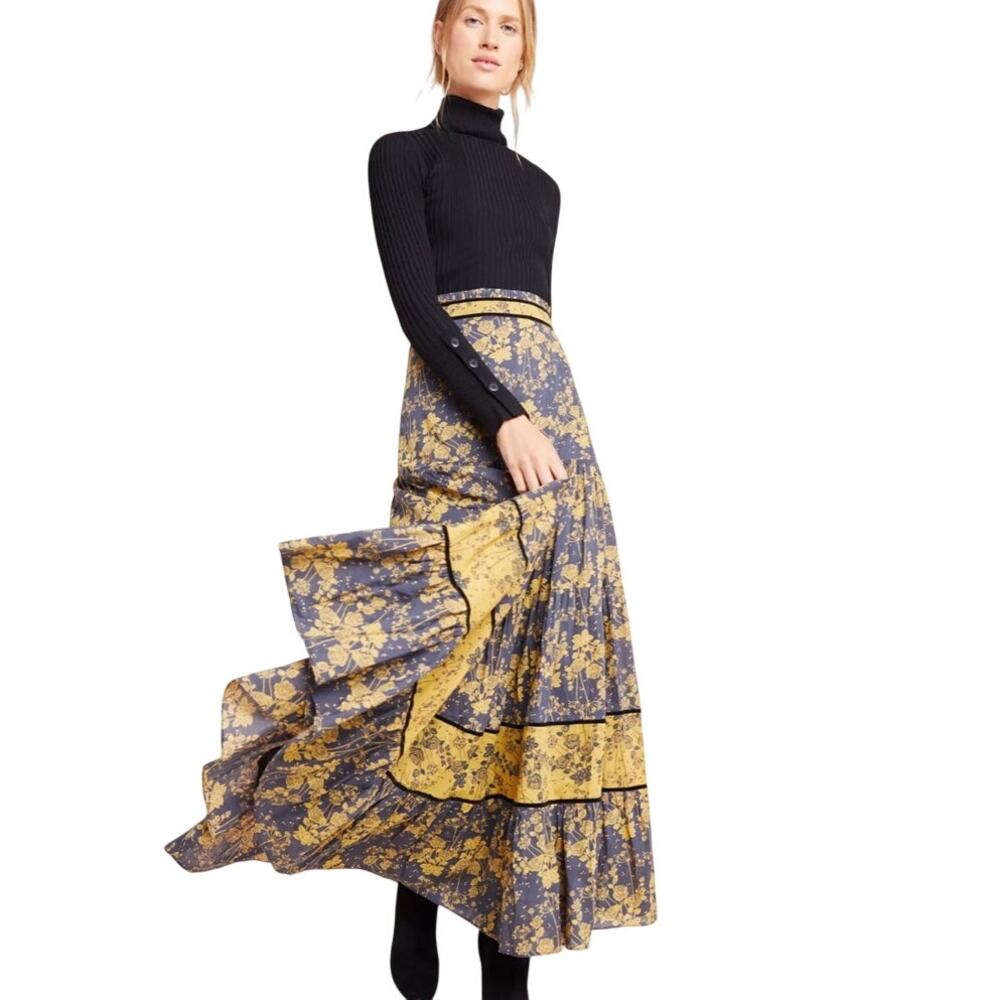 Carolina K Anthropologie Midnight Maxi Skirt NWT Sz L Tiered Floral Cotton Boho